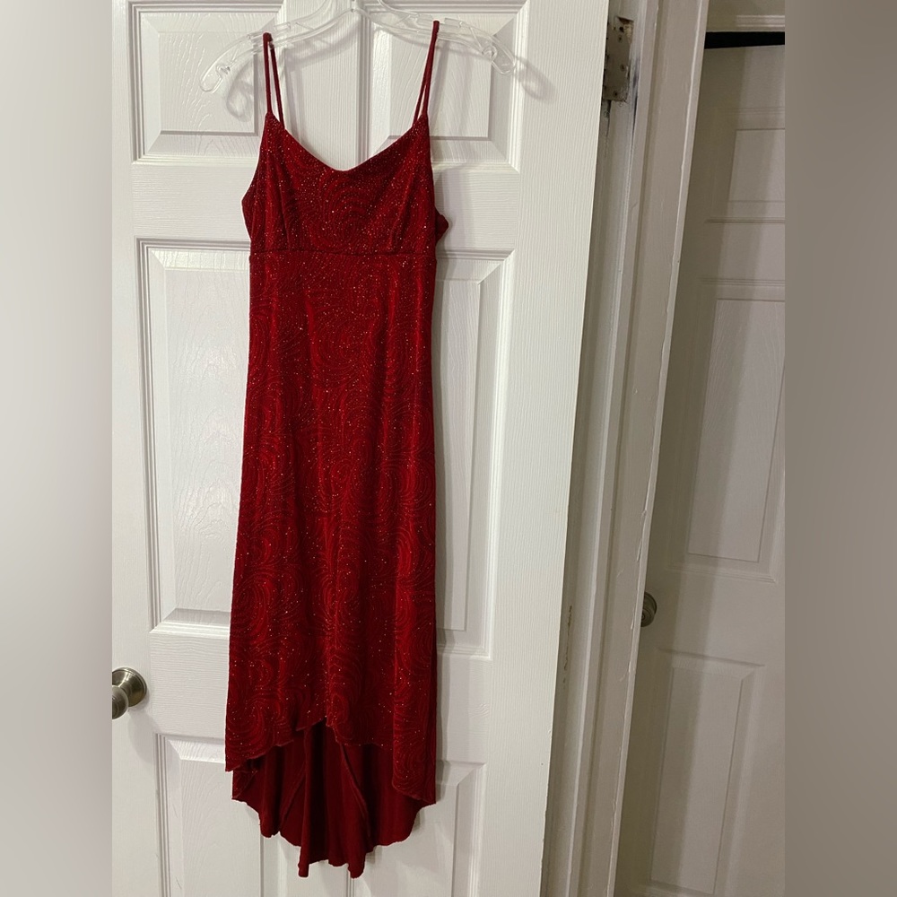 Red gemstone spaghetti strap prom dress